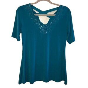 Notations Teal Short-Sleeve Top Rhinestone V-Neck & Criss-Cross Back Size S